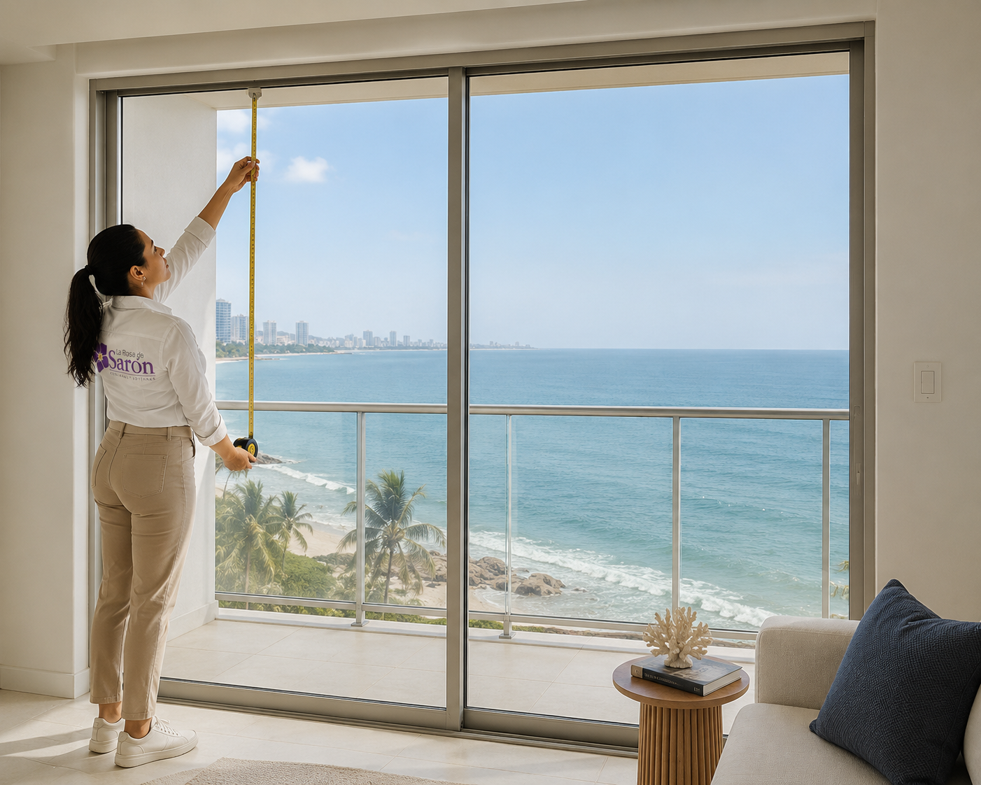 Asesora de La Rosa de Sarón tomando medidas de una ventana con vista al mar