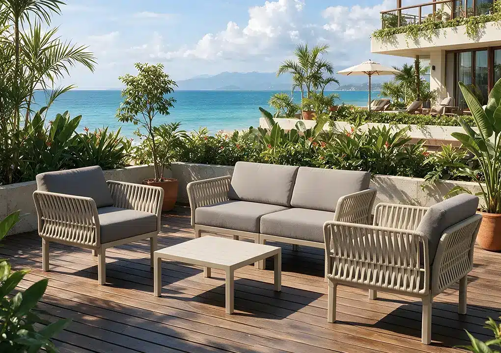 Sala Solattu para exteriores instalada en una terraza frente al mar
