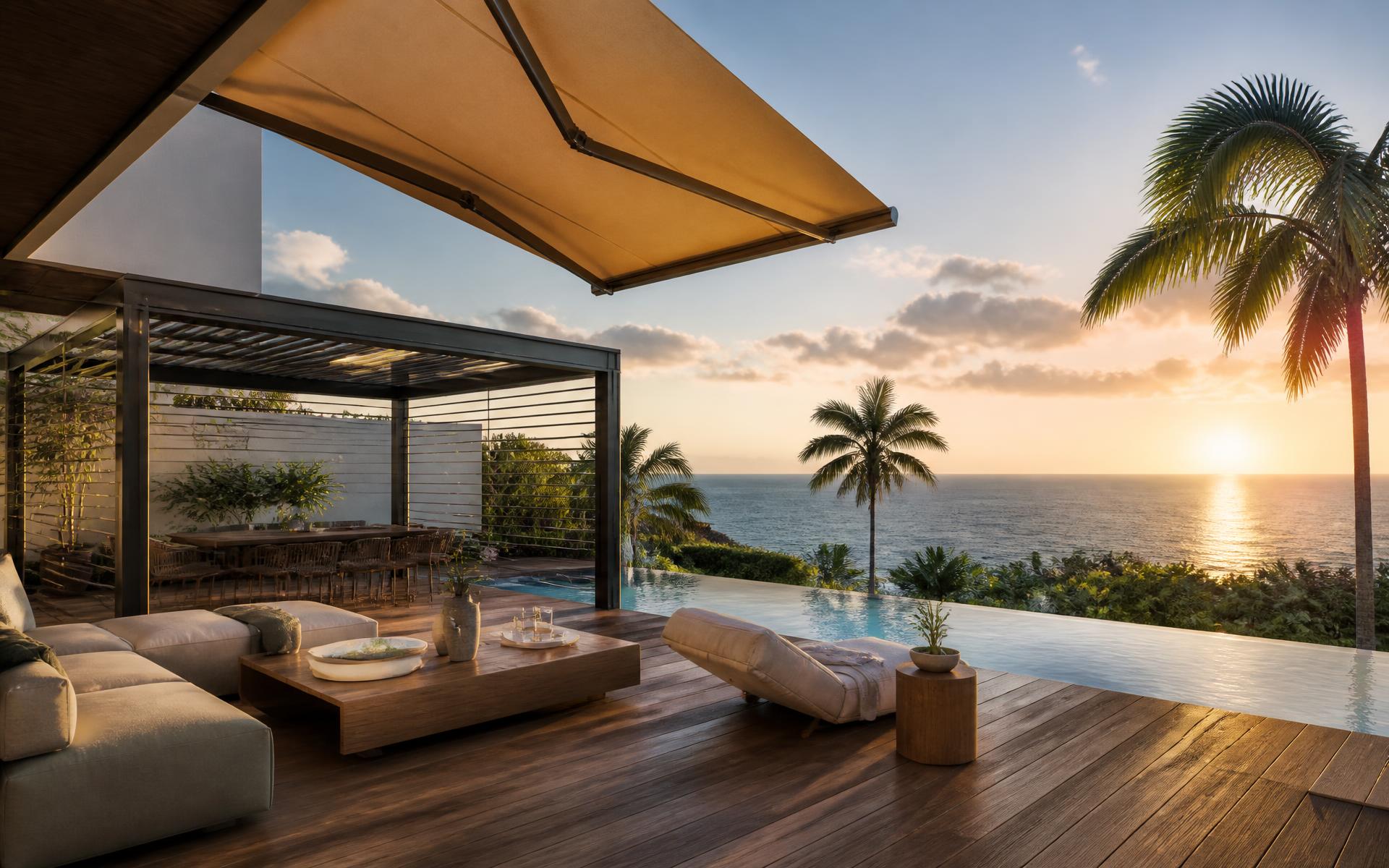 Terraza frente al mar con toldos y pérgola de La Rosa de Sarón