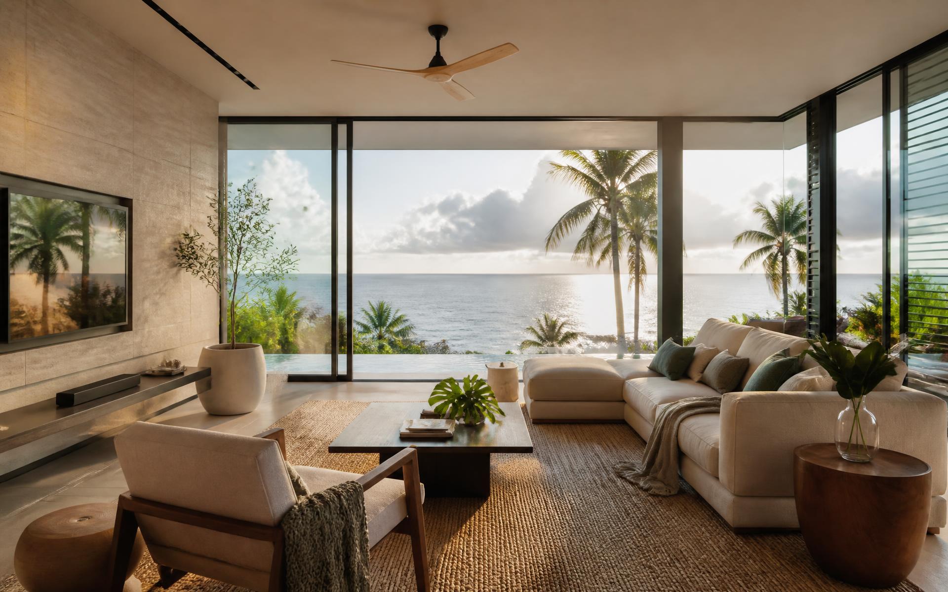 Sala contemporánea con ventanales de piso a techo y protección solar en los vidrios